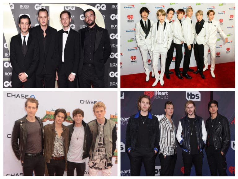 Boyband from Top left - The 1975, top right - BTS, bottom left - the vamps and bottom right 5 Seconds of Summer
