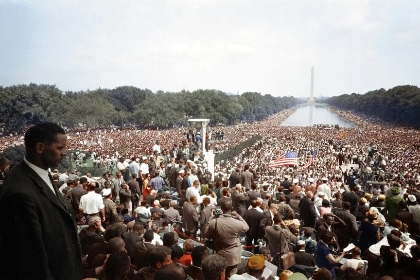 View of the huge crowd from the Lincoln Memorial to the Washington Monument, during the Civil Rights March on Washington.