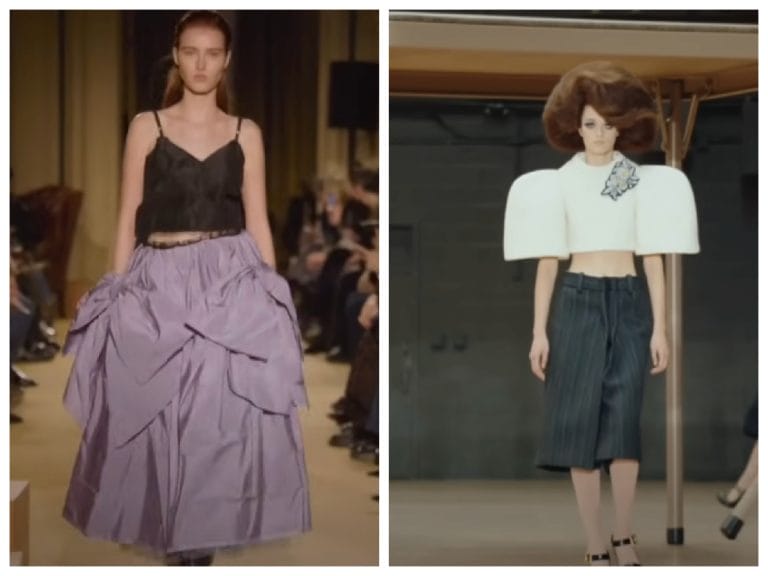 On the left, a model walking for the Coach NYFW show in a taffeta tank and skirt complete with a bow. On the right, a model walking for the Marc Jacobs show at NYFW 2024 in oversized, exaggerated silhouettes.
