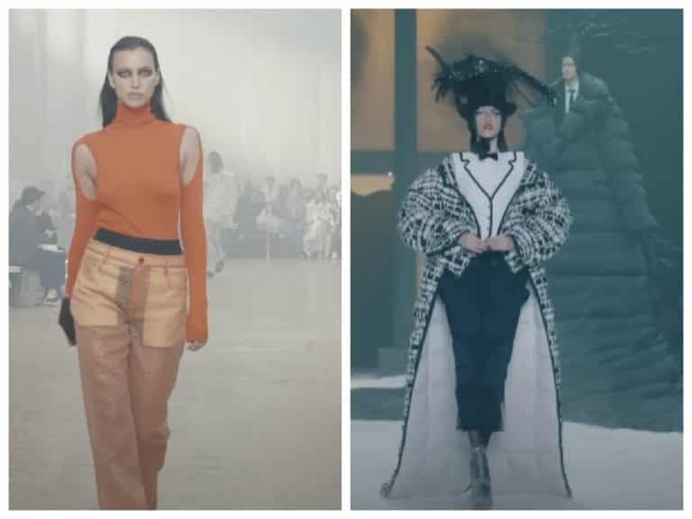 A model walking for the Helmut Lang show on the left, and a model walking for the Thom Browne show on the right.