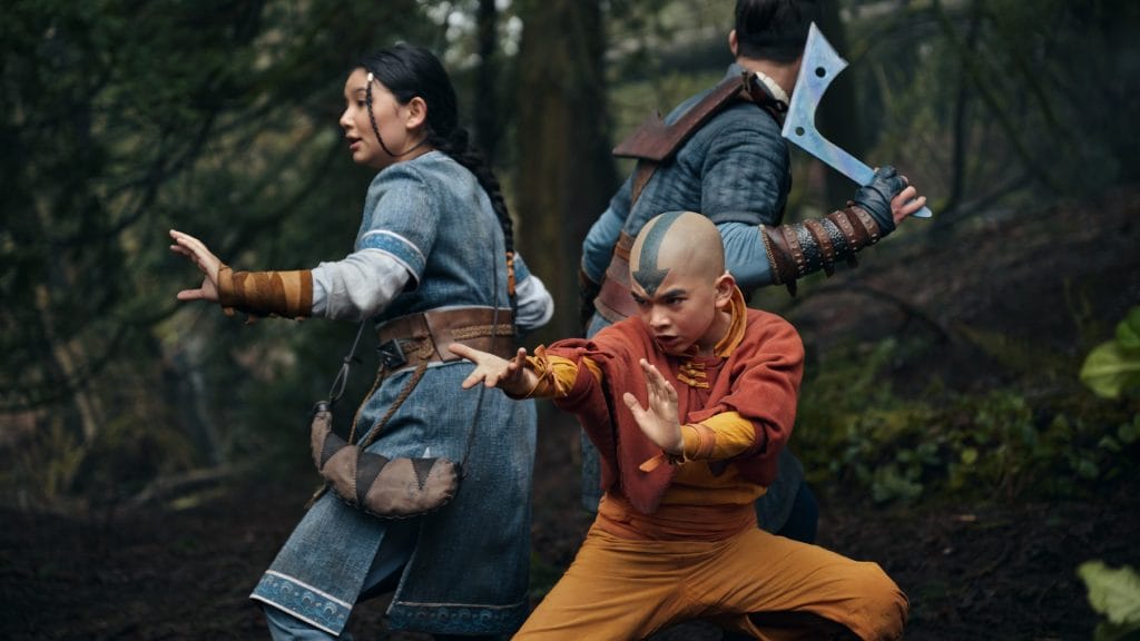 The characters Katara, Aang and Sokka together.
