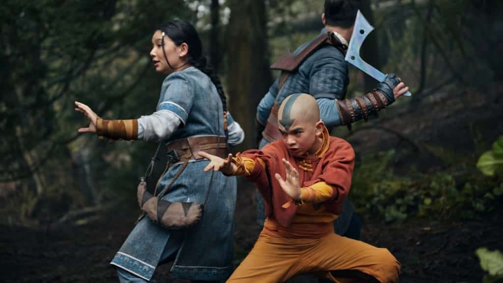 The characters Katara, Aang and Sokka together.