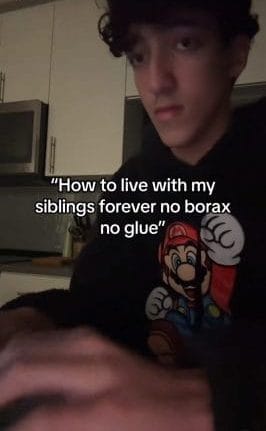A Tik Tok following the trend with the caption "How to live with my siblings forever no borax no glue"
