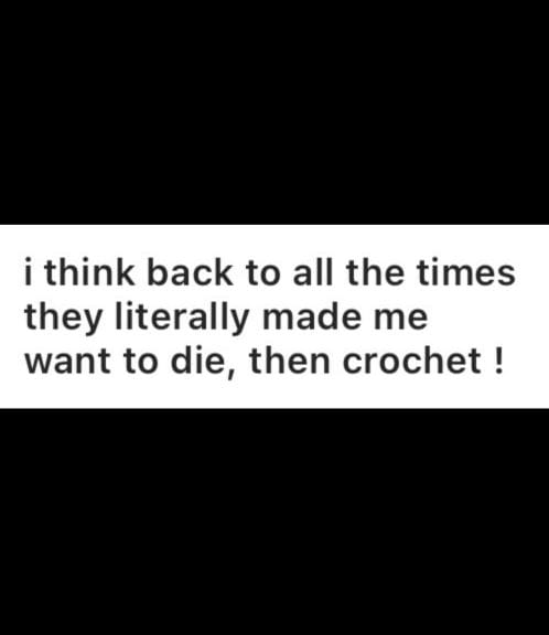 a text box that says "i think back to all the times they literally made me want to die, then crochet !