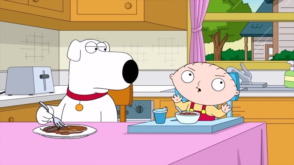 Stewie ranting out loud about not buying a "fainting couch" after Peter had just fainted at the breakfast table. (Season 20)