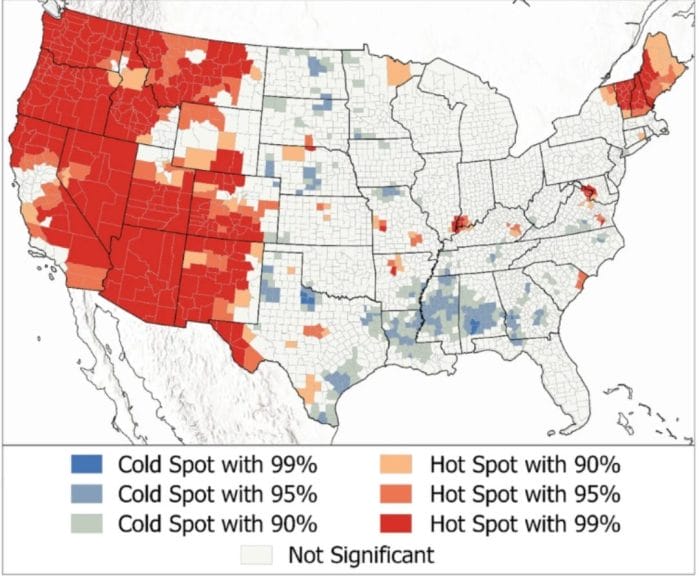 The map colour codes the frequency of UFO reports in each US county