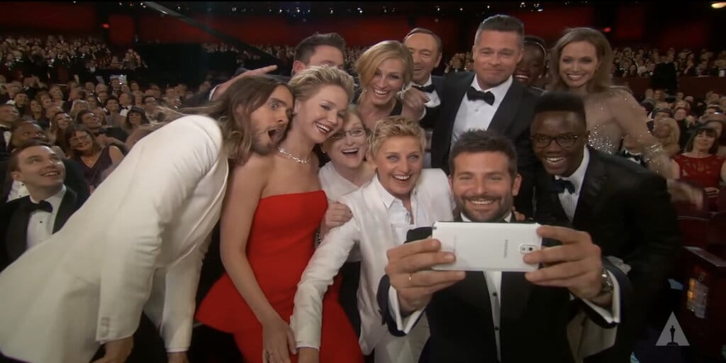 The iconic 'Oscars selfie' turns 10 years old this year. Credit: Youtube/Oscars.