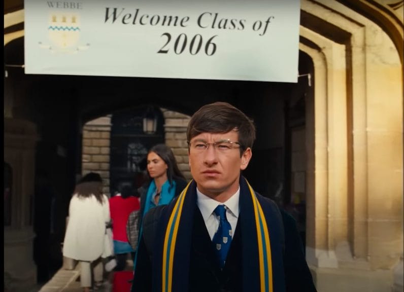 Ollie (Barry Keoghan) arrives at fictional Webbe College, Oxford (Brasenose)