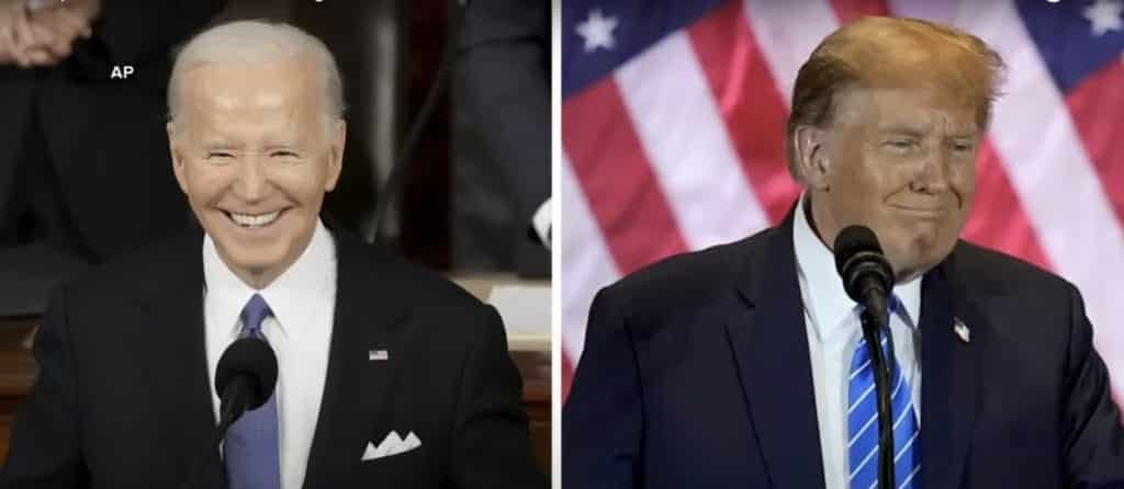 Biden sits on the left in a black suit. Trump is on the right in a navy blue suit with an American flag behind him.