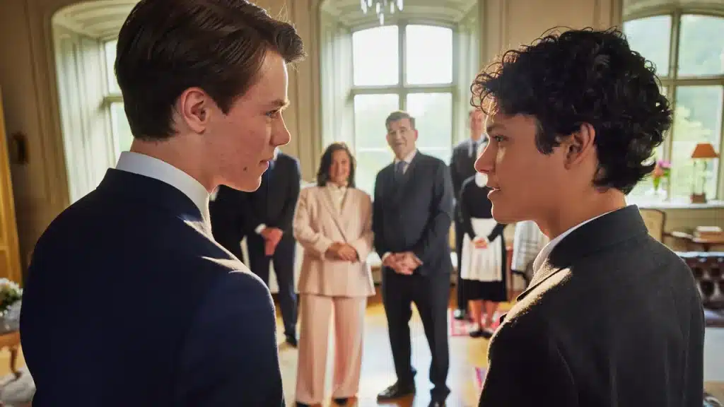 Main characters of Young Royals, Simon and Wilhelm, look at each other in front of the royal Swedish family.