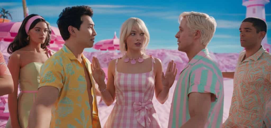 Margot Robbie, Ryan Gosling, Simu Liu, Kingsley Ben-Adir, and Emma Mackey in Barbie.