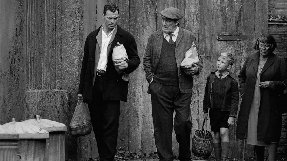 Jamie Dornan, Ciaran Hinds, Jude Hill, and Judi Dench in Belfast.