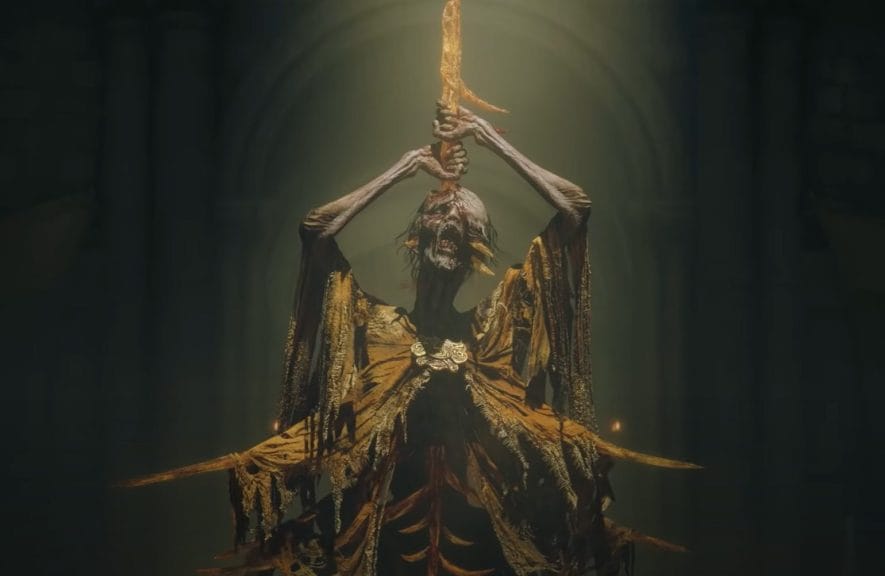 Skeletal figure in a golden robe, impaled on a golden spike and attempting to pull itself off.