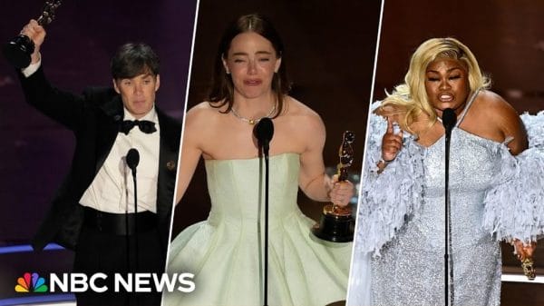 NBC News thumbnail with logo in left corner. Features Cillian Murphy in a black tux on the left, an emotional Emma Stone in a pale green dress in the center, and Da'Vine Joy Randolph in purple on the right.