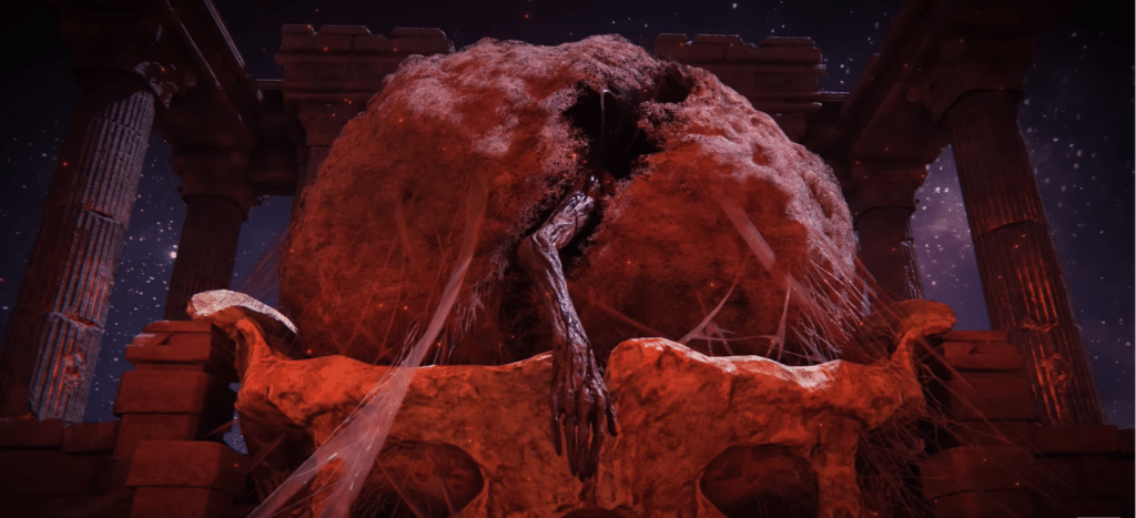 Large cocoon on a sepulcher, with one bony arm reaching out through a crack.