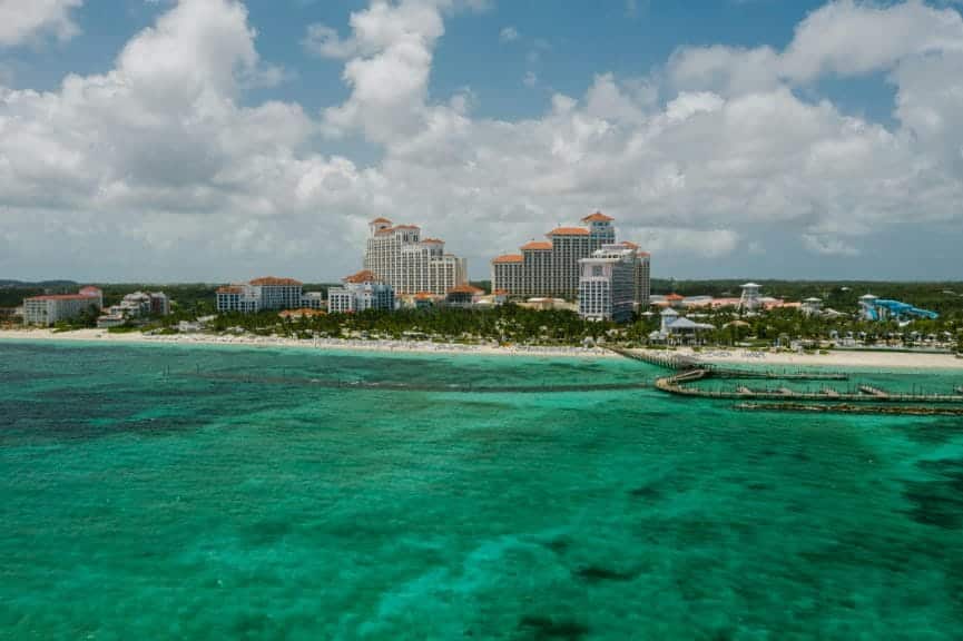 Sky view of the Nassau coast, blue water and city