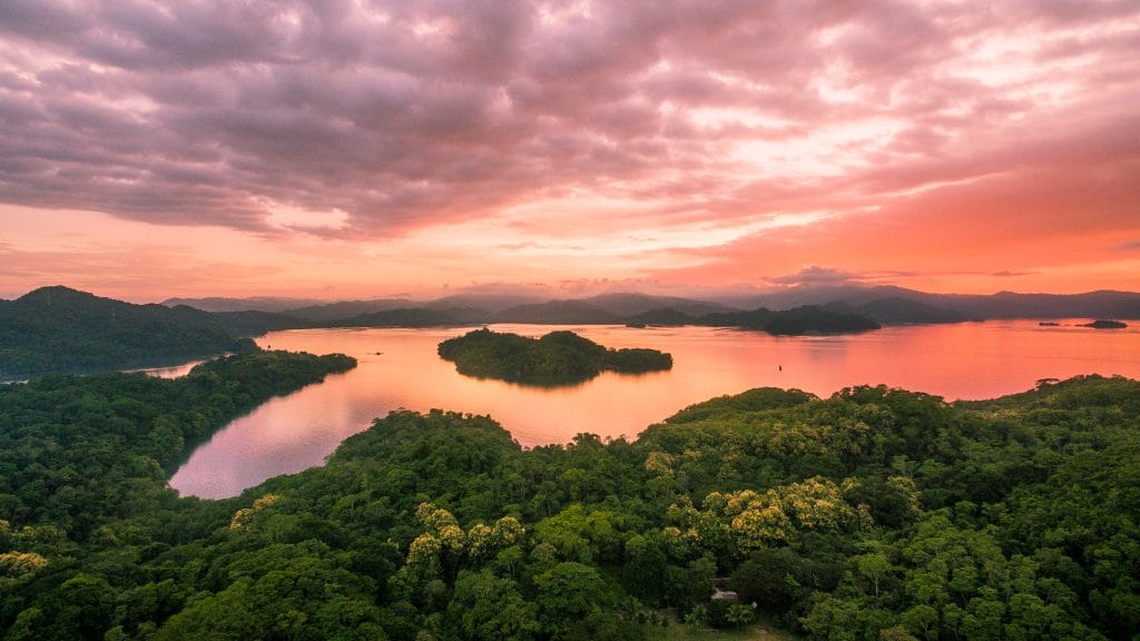 Sunset over a body of water and a forest.