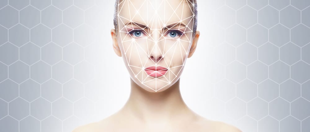 Woman with a grid on her face.