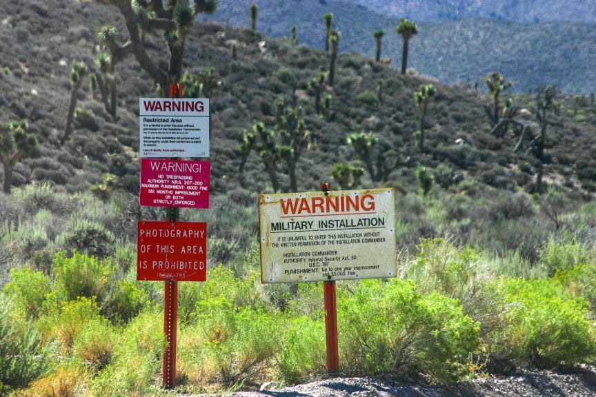 Warning signs outside Area 51 in the Nevada Desert – a highly secretive military base, long-rumoured to hold alien spacecraft remains