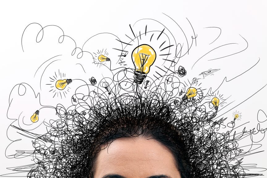 A woman's curly hair turns into drawn coils and lightbulbs.