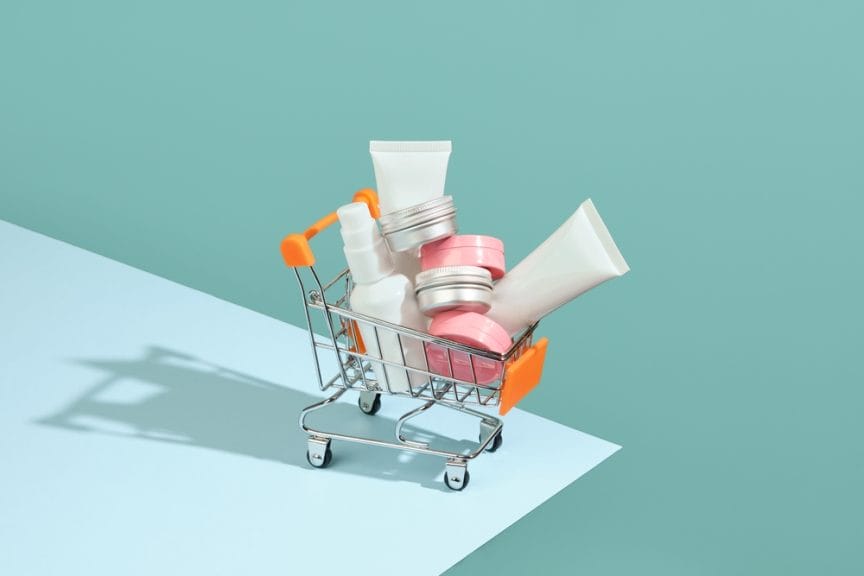 Skincare products in cart.