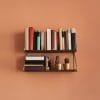 An organized bookshelf on a wall.