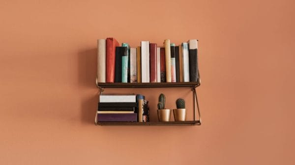 An organized bookshelf on a wall.