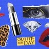 A blue background with different fashion trend related pictures like lipstick, cheetah print, red lips and a quote that says "Outfit of the day."