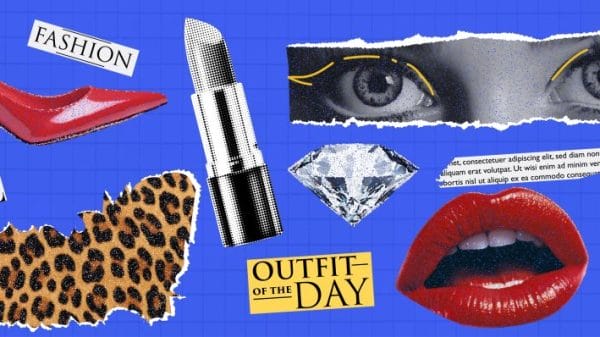 A blue background with different fashion trend related pictures like lipstick, cheetah print, red lips and a quote that says "Outfit of the day."