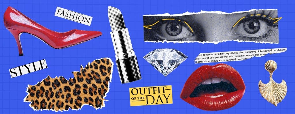 A blue background with different fashion trend related pictures like lipstick, cheetah print, red lips and a quote that says "Outfit of the day."