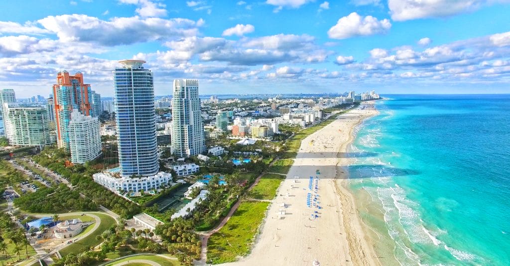 Aerial view of Miami Florida, top spring break destination.