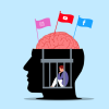 Man trapped inside mind, brain has flags of media apps such as YouTube, Facebook, and Instagram.