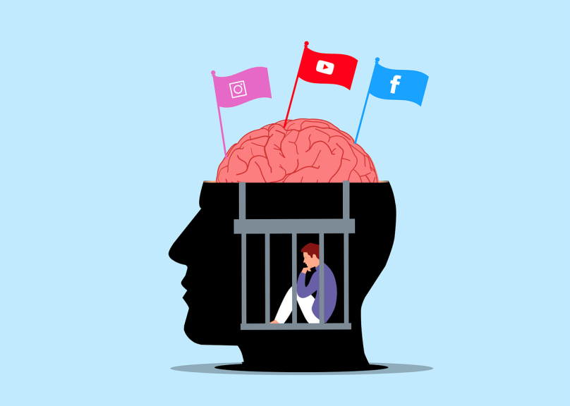 Man trapped inside mind, brain has flags of media apps such as YouTube, Facebook, and Instagram.