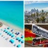 a collage of three photos. one is of a beach with bright blue water and pale white sand. the other is a skyline filled with palm trees. the third is a street sign that sayd 'Bourbon'