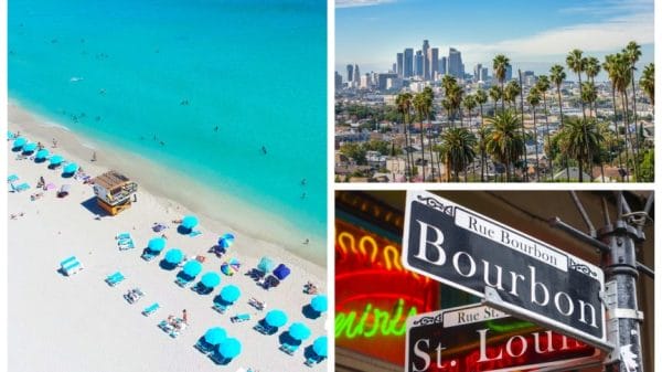 a collage of three photos. one is of a beach with bright blue water and pale white sand. the other is a skyline filled with palm trees. the third is a street sign that sayd 'Bourbon'