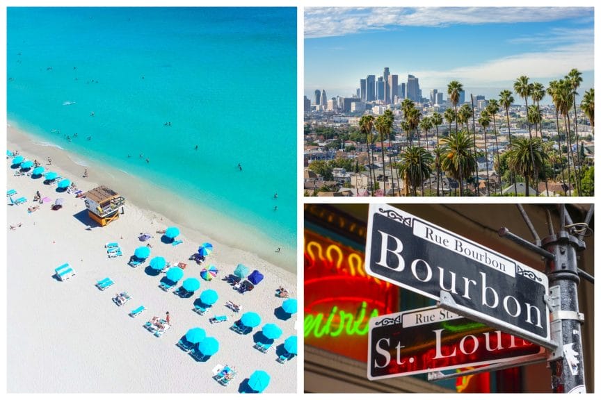 a collage of three photos. one is of a beach with bright blue water and pale white sand. the other is a skyline filled with palm trees. the third is a street sign that sayd 'Bourbon'