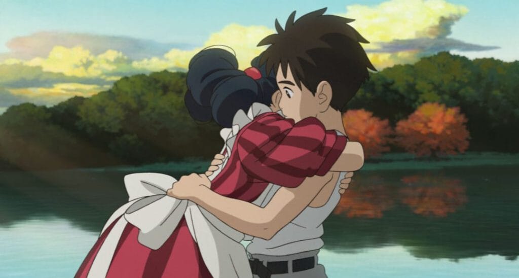 Himi and Mahito embracing in The Boy and the Heron