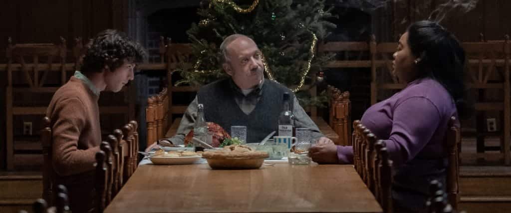 Paul Giamatti, Dominic Sessa, and Da'Vine Joy Randolph in The Holdovers.