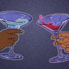 Two cocktail glasses bering clinked by two hands.