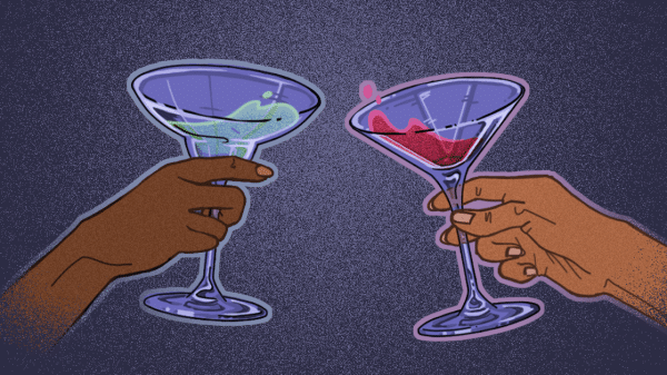 Two cocktail glasses bering clinked by two hands.