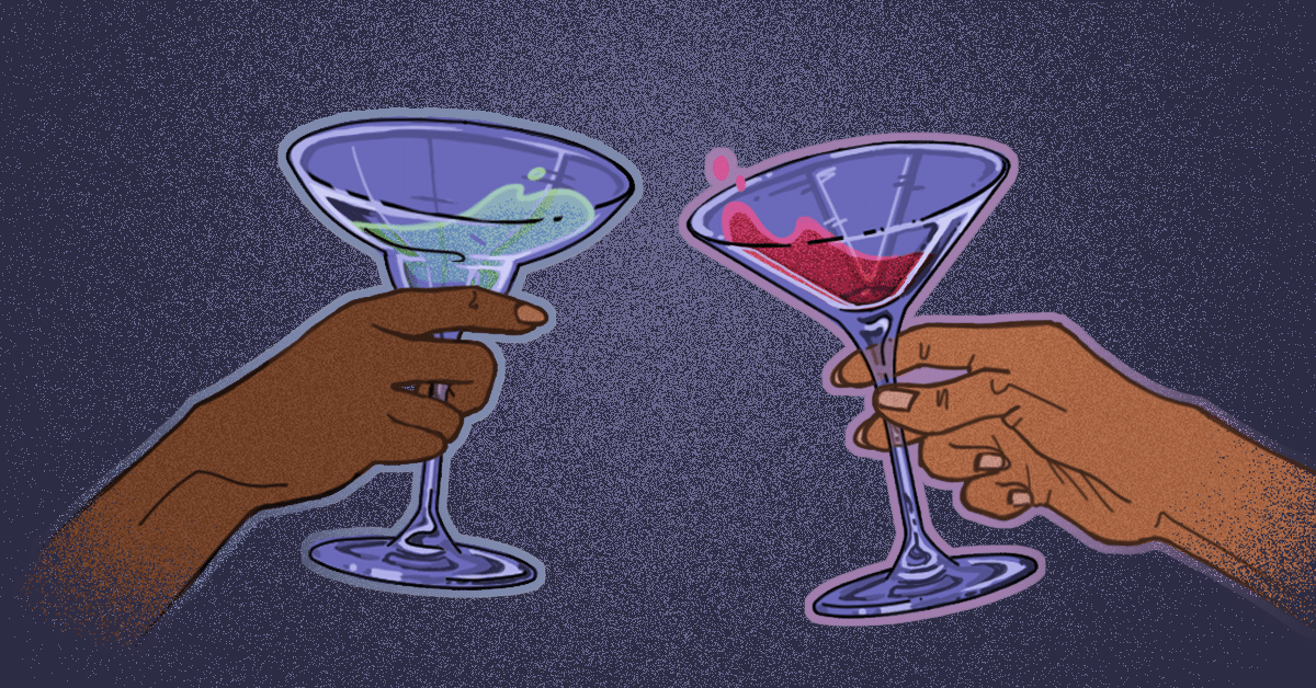 Two cocktail glasses bering clinked by two hands.
