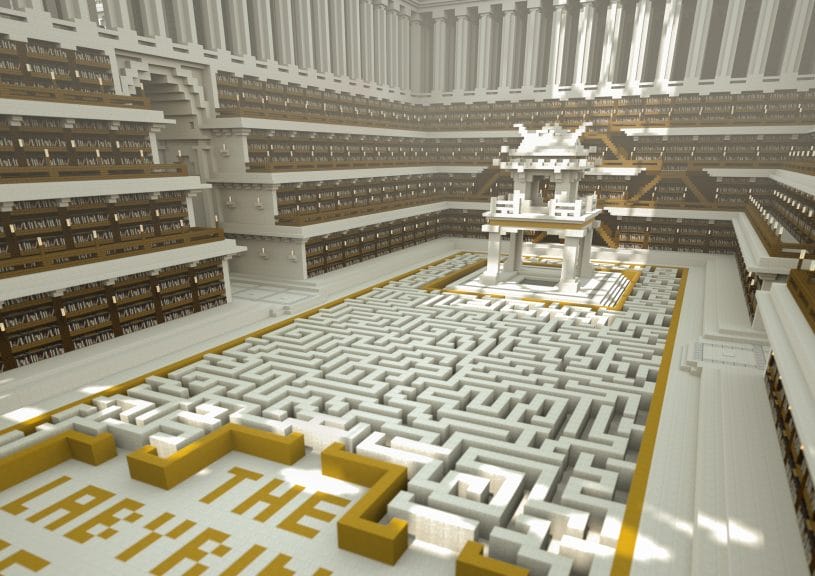 An image of the Vietnam room in The Uncensored Library, which contains a dense maze surrounding  a shrine and text that reads "THE LABYRINTH" on the floor.