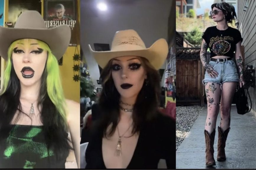 Goth girls in cowboy hats posing for a picture.