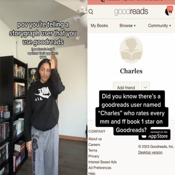 Side by side comparison, one side a woman standing, the other side a goodreads screenshot.