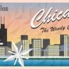 Graphic of a postcard for Chicago showing the city skyline with water in front of it and large snowflakes blowing in the breeze.