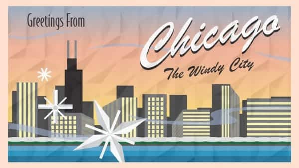 Graphic of a postcard for Chicago showing the city skyline with water in front of it and large snowflakes blowing in the breeze.