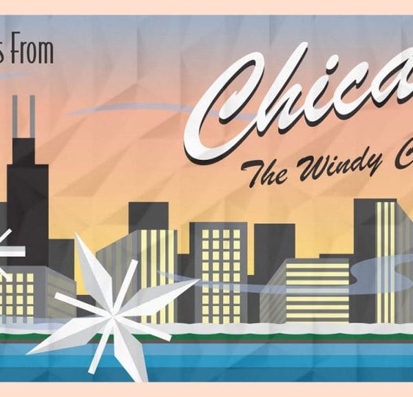 Graphic of a postcard for Chicago showing the city skyline with water in front of it and large snowflakes blowing in the breeze.