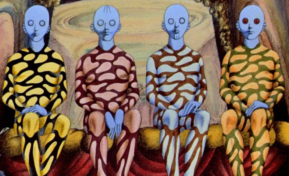 Four aliens sit together in mediation.