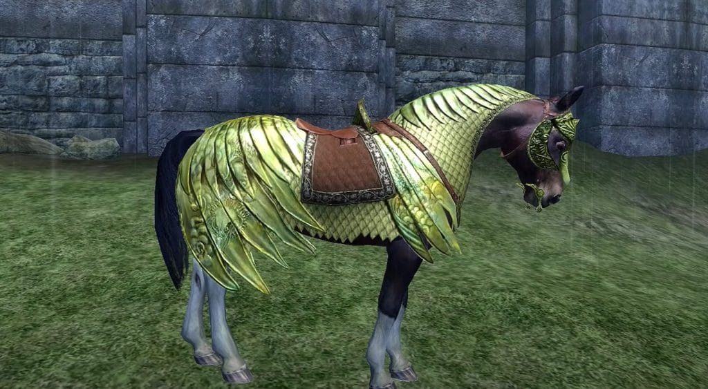 An image of the Oblivion horse armor, gold metal draped over a brown horse's back.