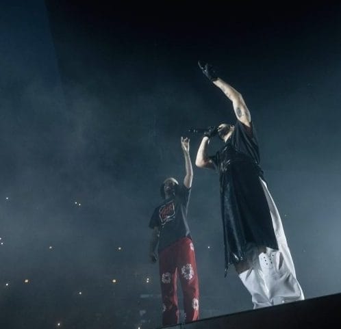21 Savage and Drake on stage during the Its All A Blur Tour.